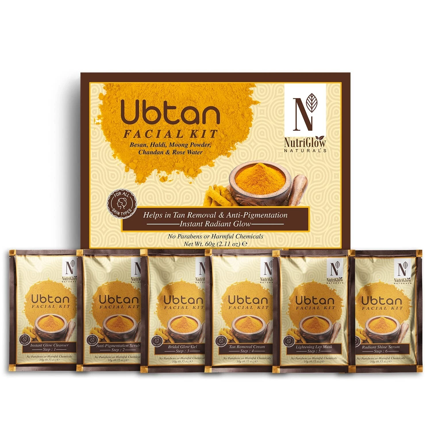 NutriGlow NATURAL'S Ubtan Facial Kit For Glowing Skin,Tan Removal With Haldi 60g