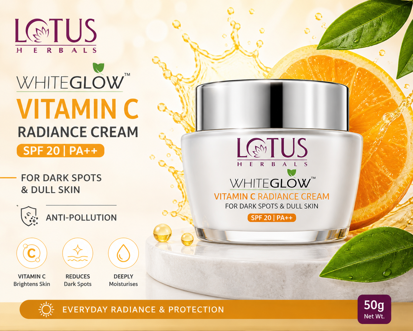Lotus Herbals WhiteGlow Vitamin C Radiance Cream | SPF 20 | For Dark Spots & Dull Skin | Anti- Pollution | 50g