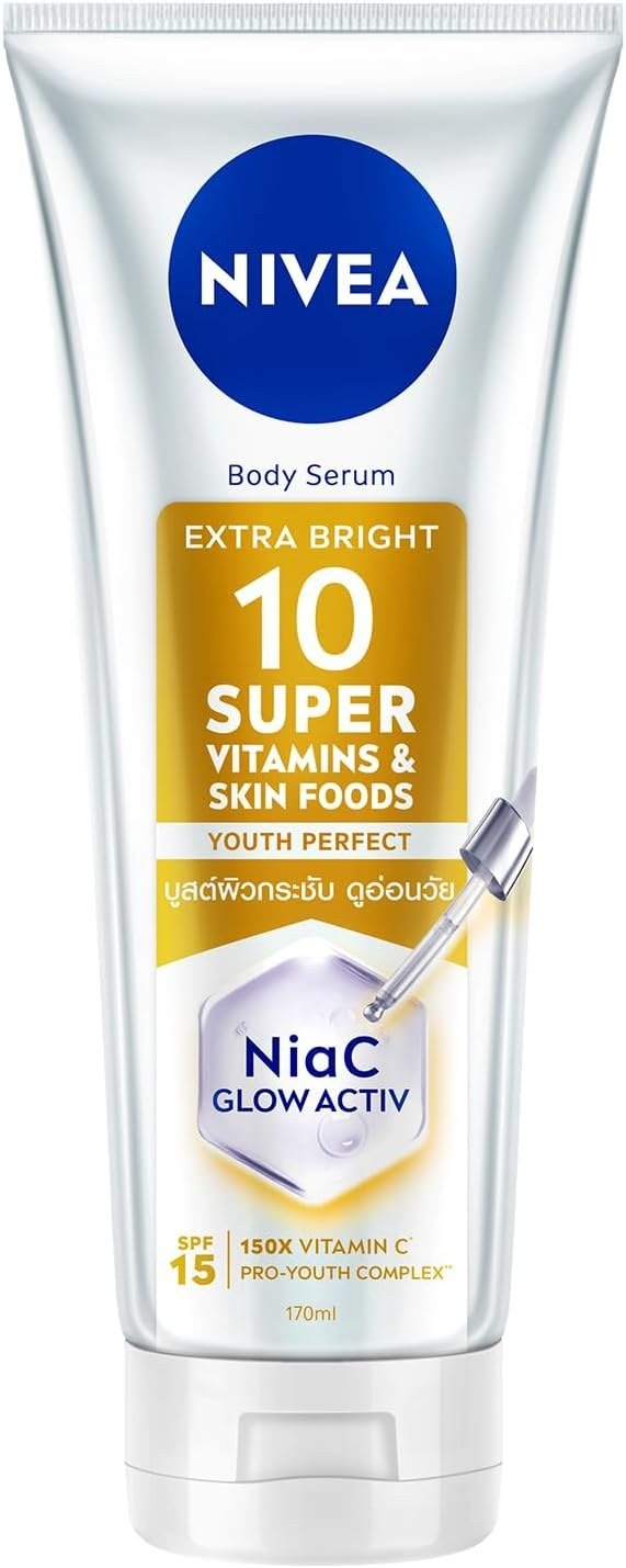 NIVEA Body Serum Extra Bright Youth Perfect with 10 Super Vitamins, Niacinamide and Vitamin C, SPF 15, 170ml