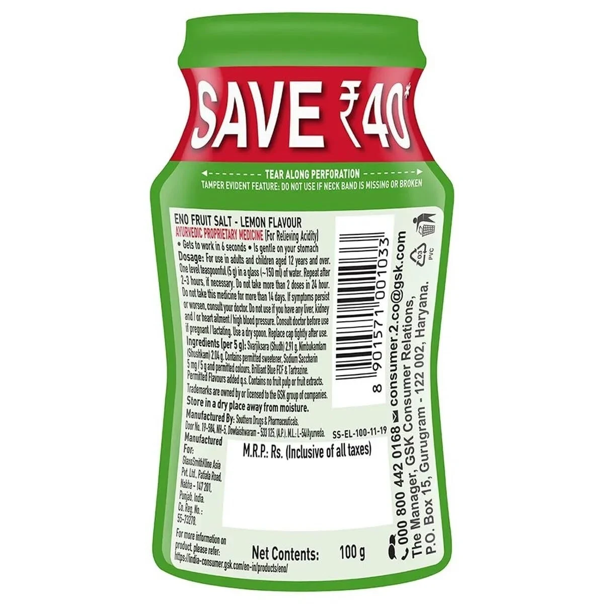 Eno Fruit Salt (Lemon) Fast Relief From Acidity Problems Bottle of 100g thumbnail