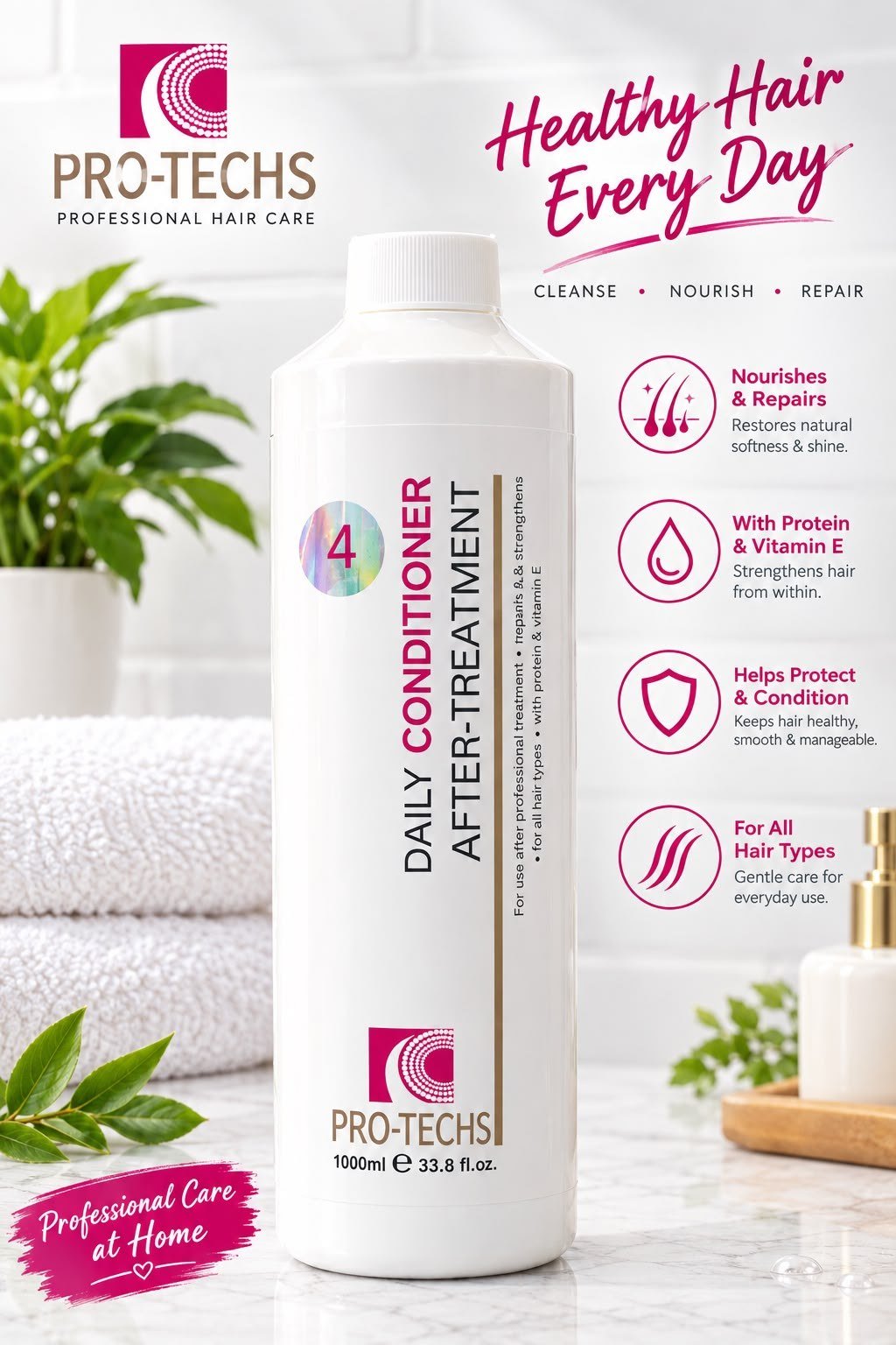 PRO-TECHS Advanced Daily Conditioner Step 4 After Treatment 1000ml Professional Salon Conditioner for Smooth & Treated Hair