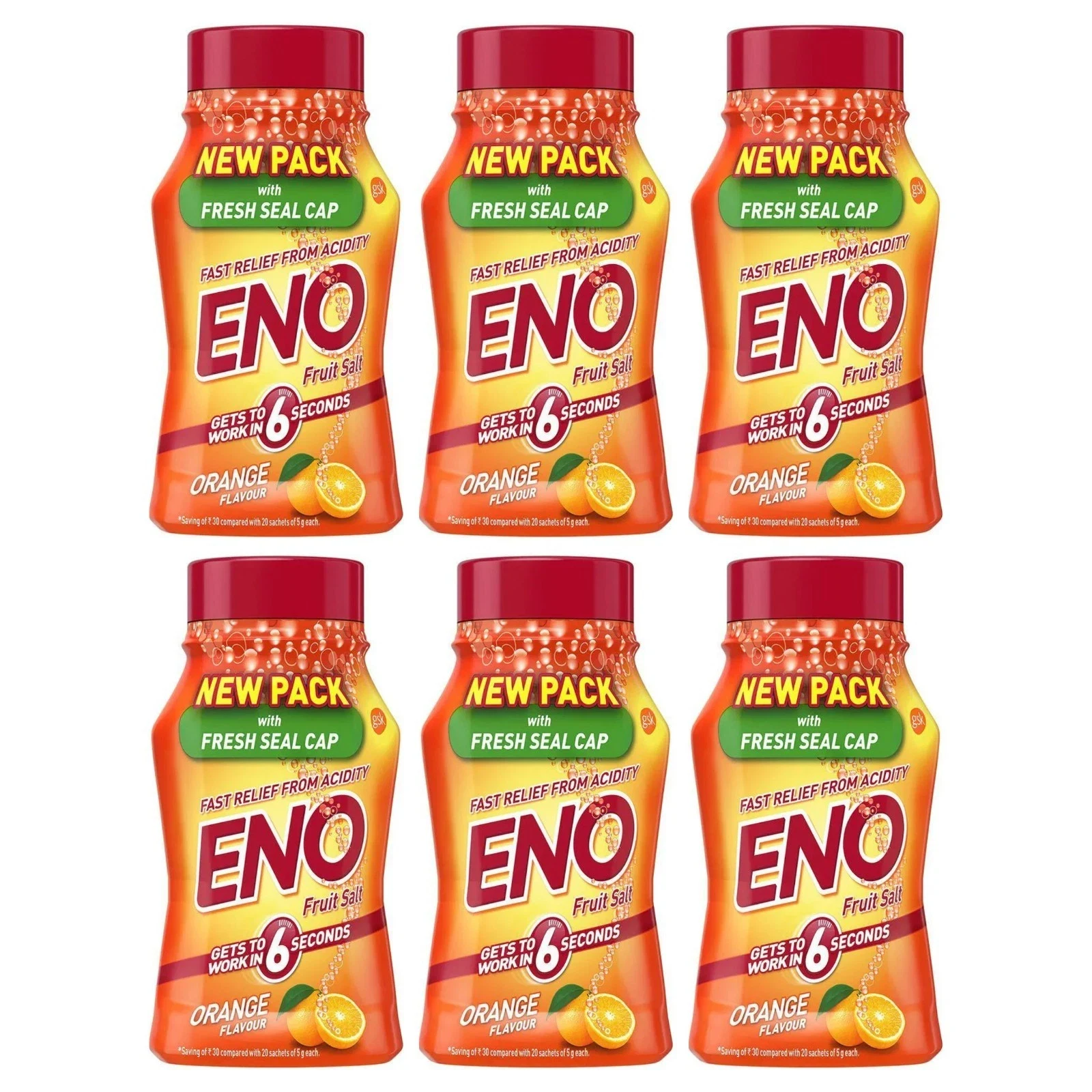 ENO ORANGE Fruit Salt Powder Regular Flavour Fast Relief From Acidity 100g X 6
