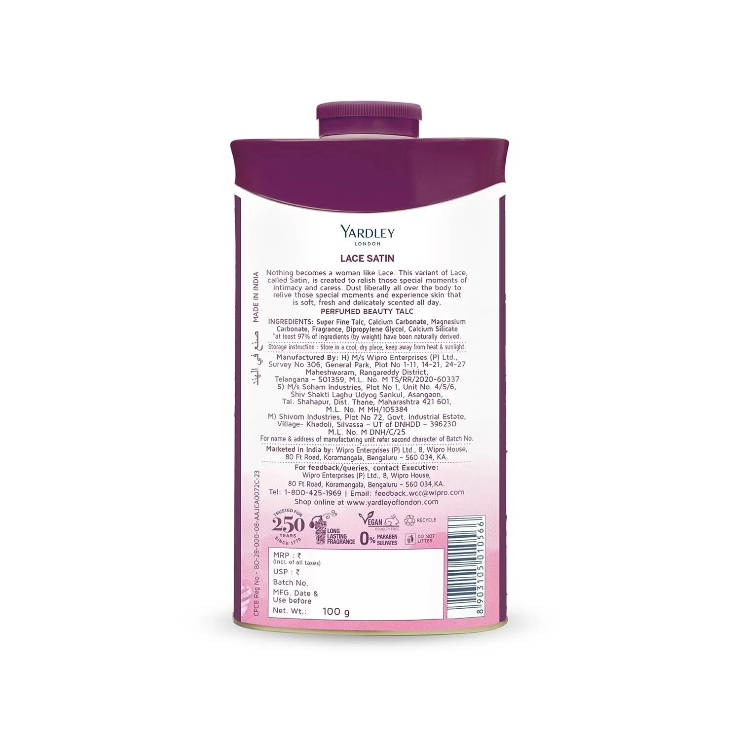 Yardley London Lace Satin Perfumed Talc For Soft and Fragrant Skin All Day 100g thumbnail