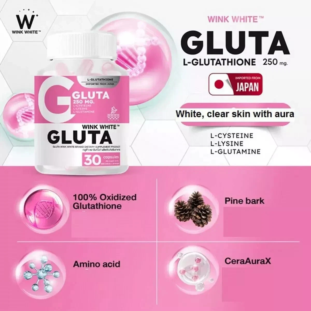 WINK WHITE Gluta Whitening Skin Care Supplement For Youthful glow Skin 30 Caps thumbnail