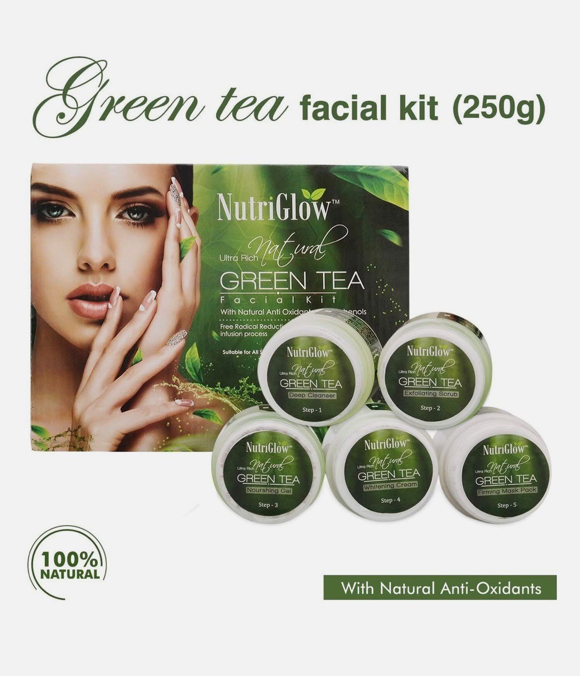 NutriGlow Green Tea Facial Kit 5-Pieces Skin Care Set For Deep Cleansing 250gm thumbnail