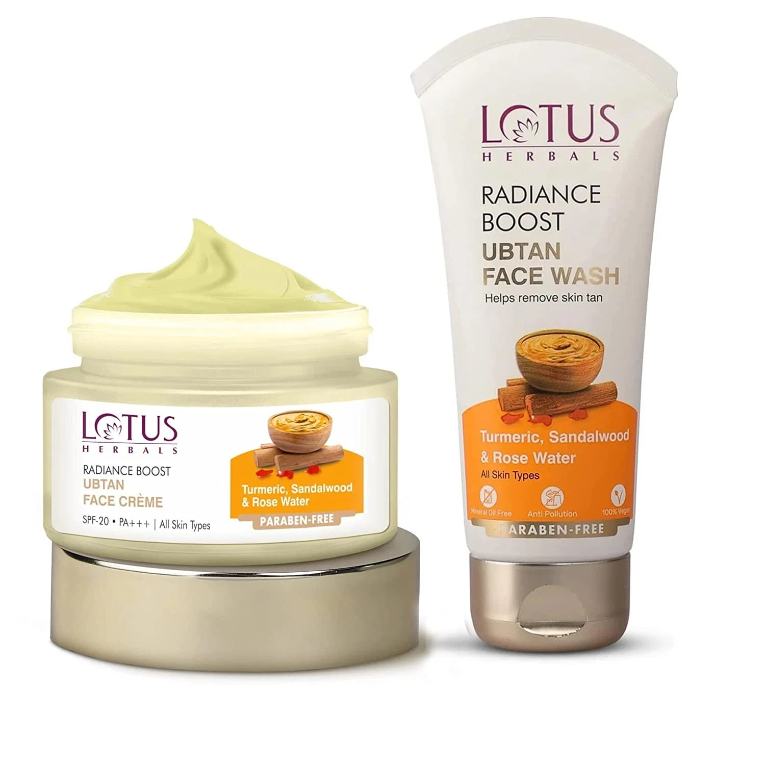 Lotus Herbals Radiance Boost Ubtan Face Cream SPF 20 Face Wash Turmeric 100g