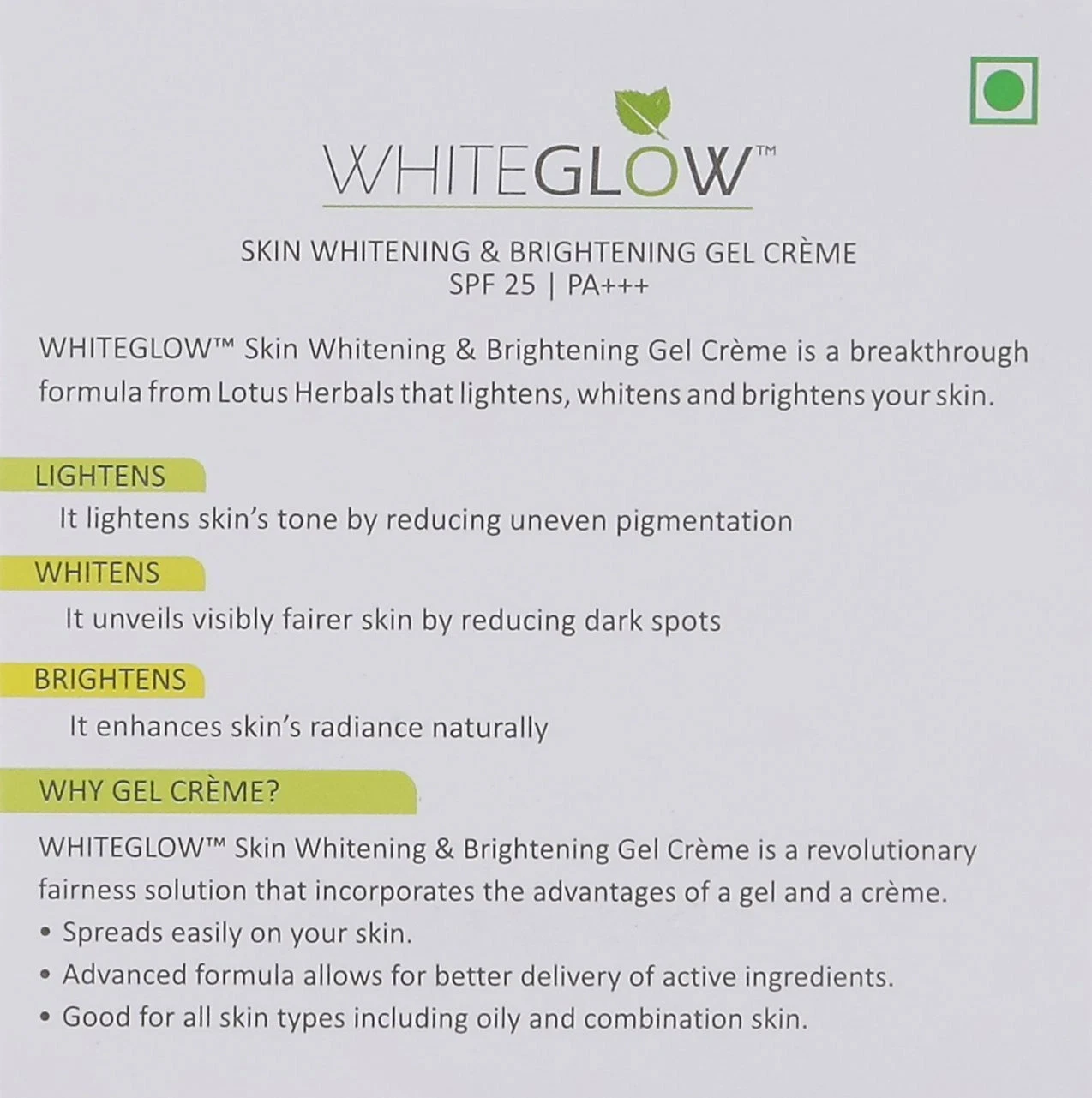 Lotus Herbals Whiteglow Skin Whitening And Brightening Gel Creme SPF-25 60g thumbnail