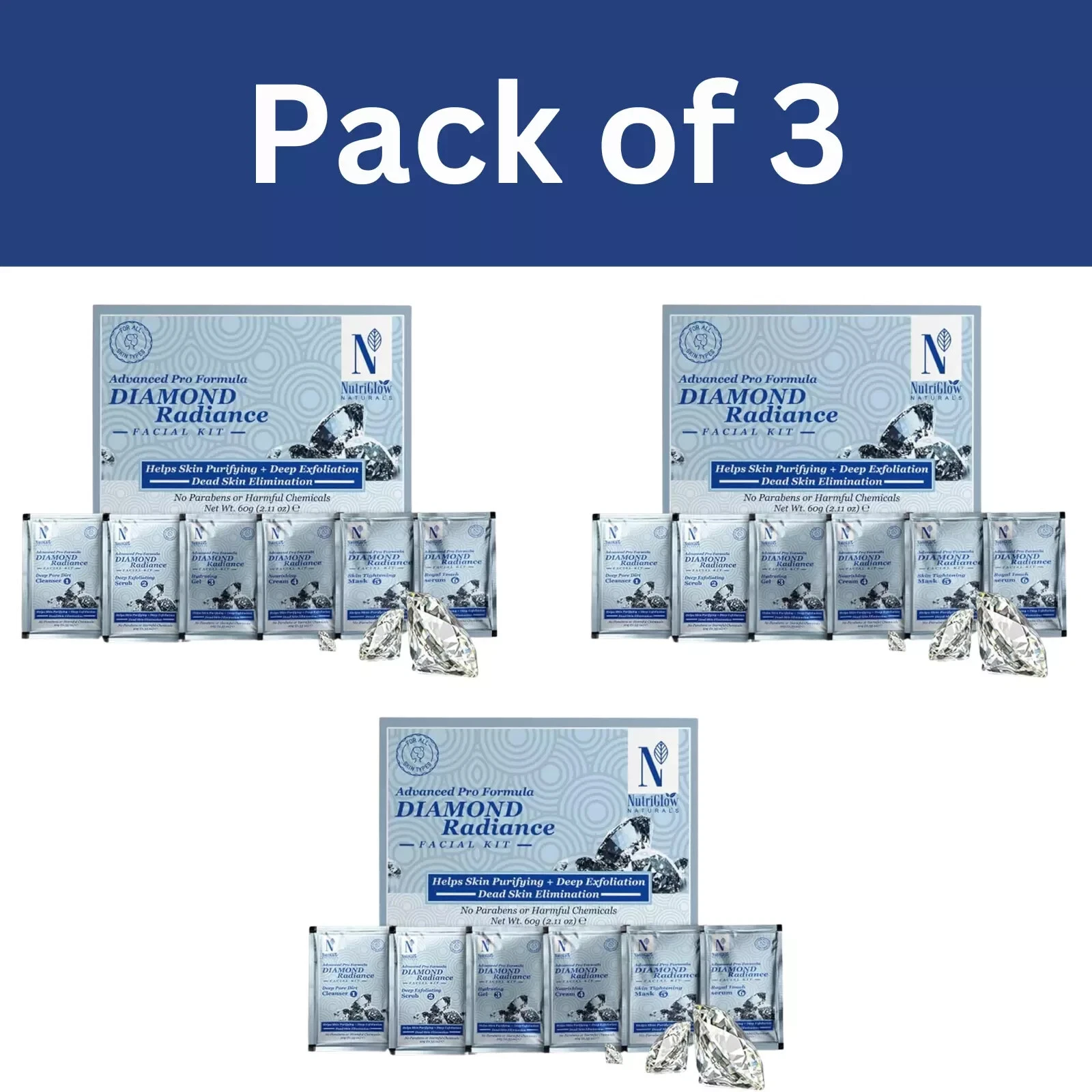 NutriGlow NATURAL'S Diamond Radiance Facial Kit for Acne & Spot Free Skin - 60gm