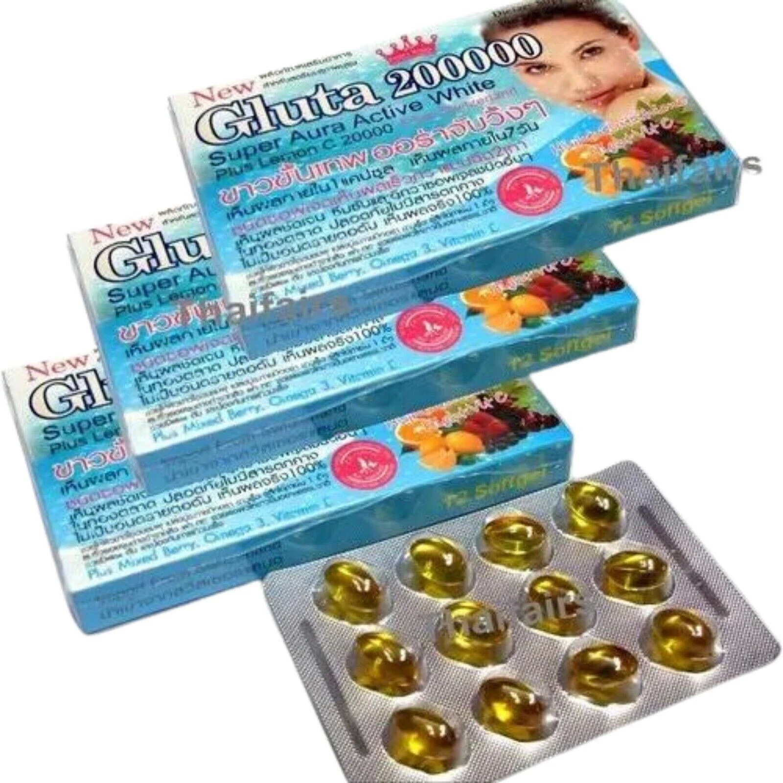 Gluta L-Glutathione 200000mg+Vitamin E,Super Aura Active Whitening Skin 3 Boxes