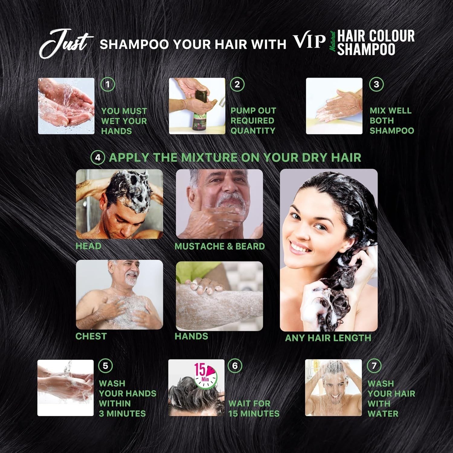 VIP Hair Colour Shampoo For Black Hair With 100% Grey Hair Coverage 180ml thumbnail
