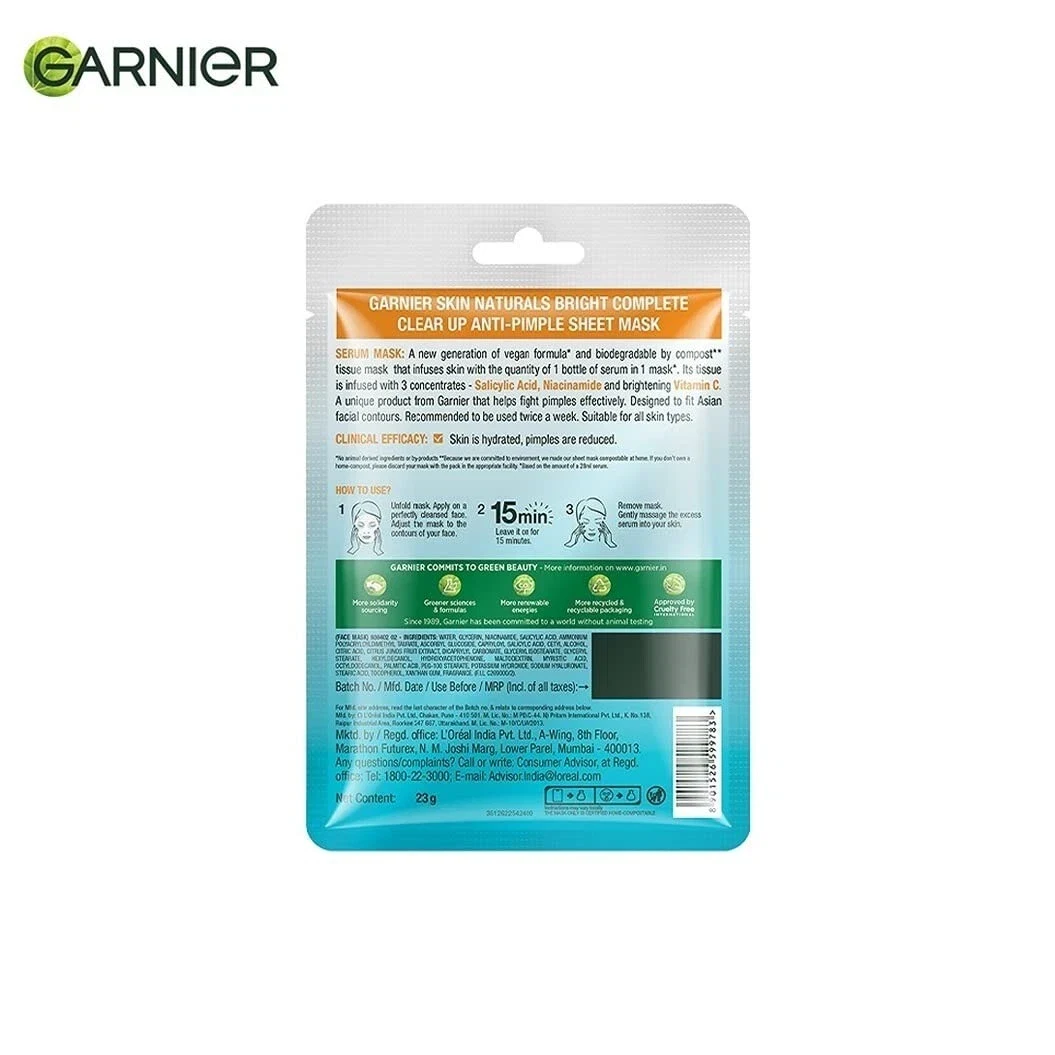 Garnier Bright Complete Anti Pimple Sheet Mask For Clear, Hydrated Glowing Skin thumbnail