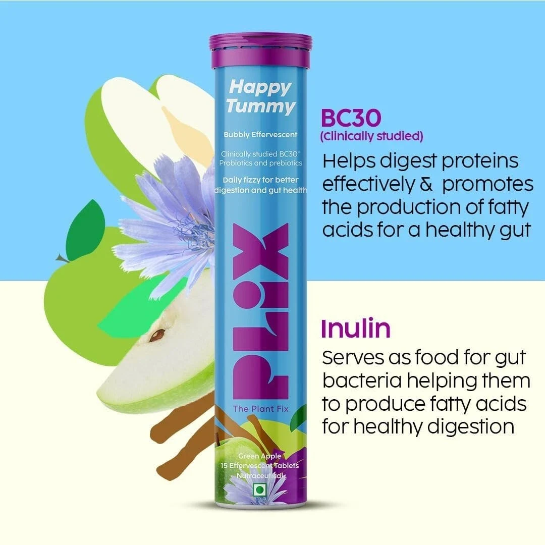 Plix Happy Tummy Pre+Probiotic Gut Health Digestion Metabolism (Green Apple) thumbnail