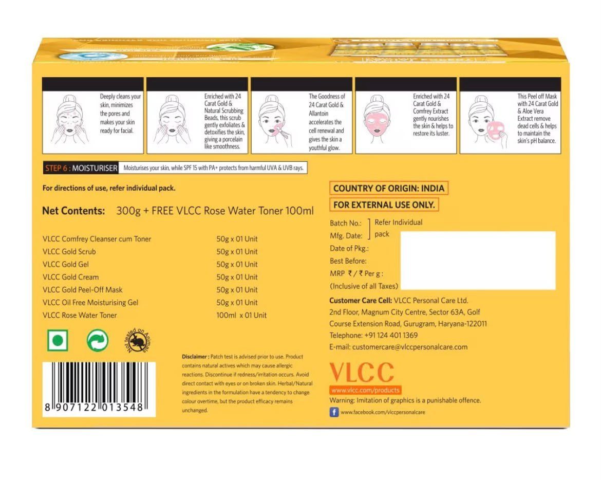 VLCC Gold Facial Kit + Free Rose Water Toner Cream 300gm ( Salon Series ) thumbnail