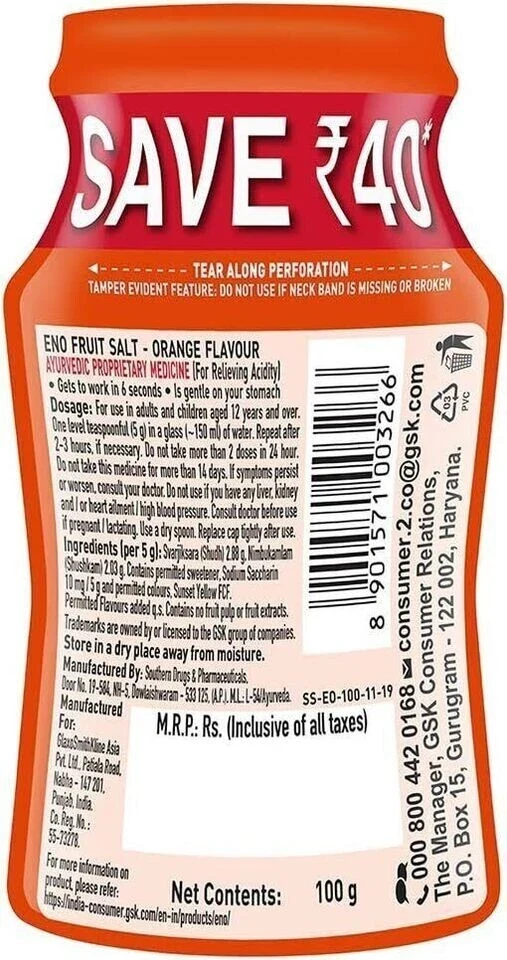 Eno Regular Digestive Antacid Fast Relief From Acidity Fruit Salt Orange - 100g thumbnail