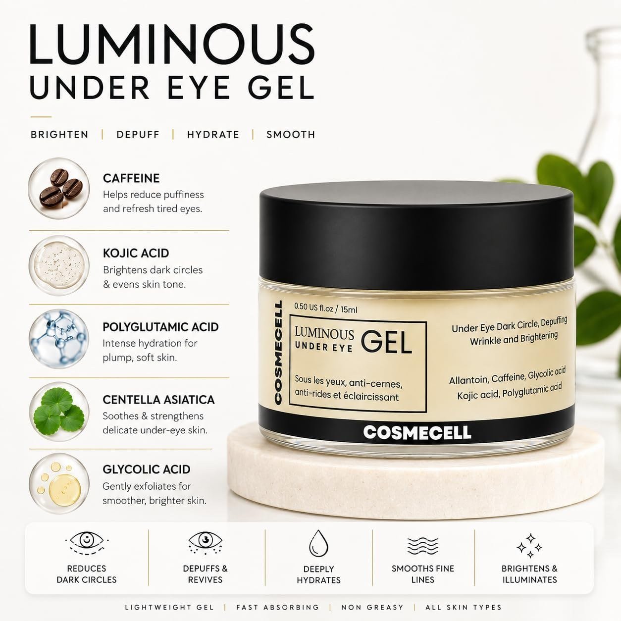 Cosmecell Luminous Under Eye Gel, Dark Circle, Depuffing, Wrinkle and Brightening, with Caffeine and Kojic Acid, 15ml thumbnail