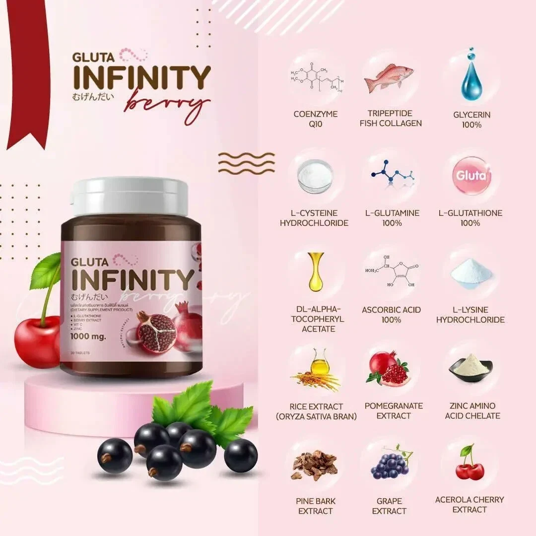 Gluta Infinity 1000mg Glutathione Rich Skin Whitening Vitamin C Zinc 30 Tablets thumbnail