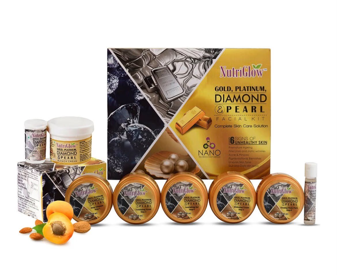 NutriGlow Platinum Diamond Gold and Pearl Facial Kit 6-Pieces Skin Care Kit for Women, 250 Gm+10Ml