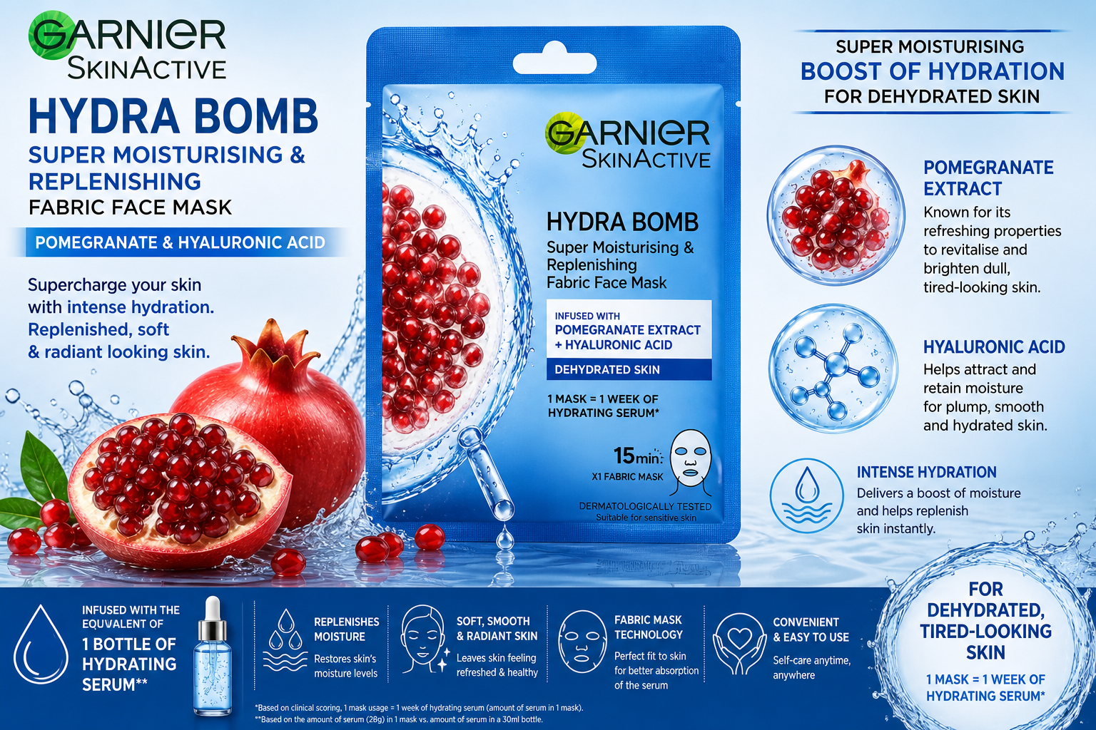Garnier SkinActive Hydra Bomb Super Moisturising and Replenishing Fabric Face Mask with Pomegranate and Hyaluronic Acid thumbnail