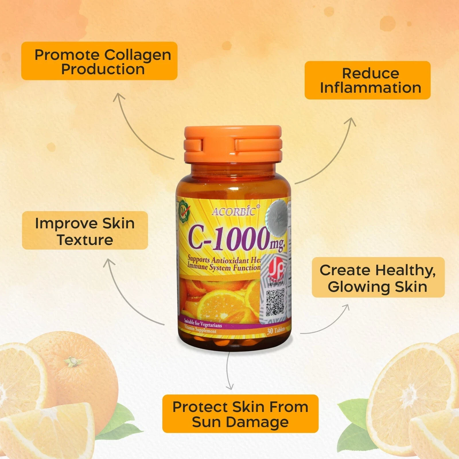 Acorbic C-1000 Vitamin C Tablets For Skin Whitening Natural Supplement 30tabs thumbnail