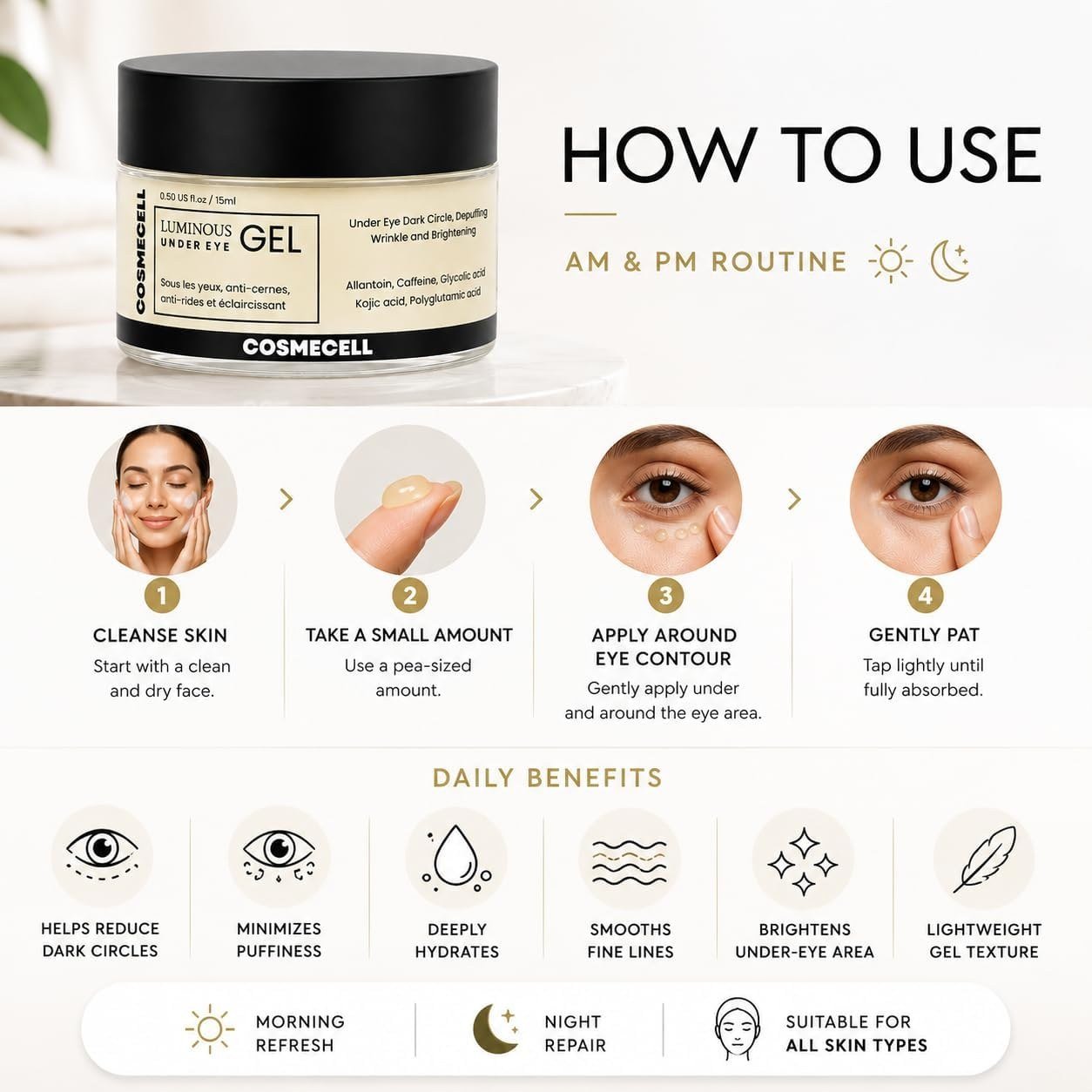 Cosmecell Luminous Under Eye Gel, Dark Circle, Depuffing, Wrinkle and Brightening, with Caffeine and Kojic Acid, 15ml thumbnail