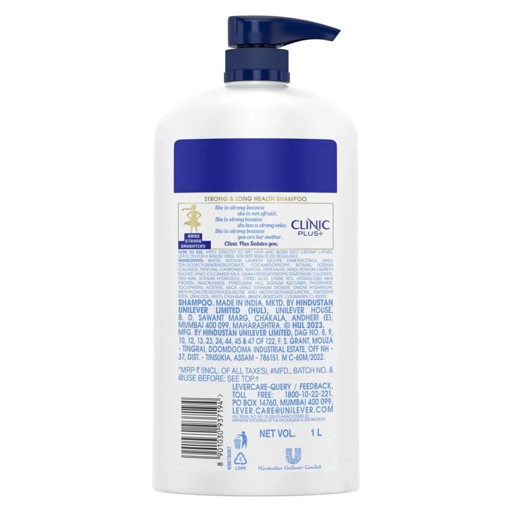 CLINIC PLUS Strong & Long Shampoo For Hair Growth and Strength Milk Protein 1L thumbnail