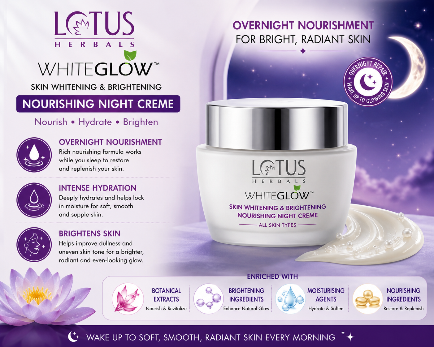 Lotus Herbals WhiteGlow Skin Whitening And Brightening Nourishing Night Creme 60g thumbnail