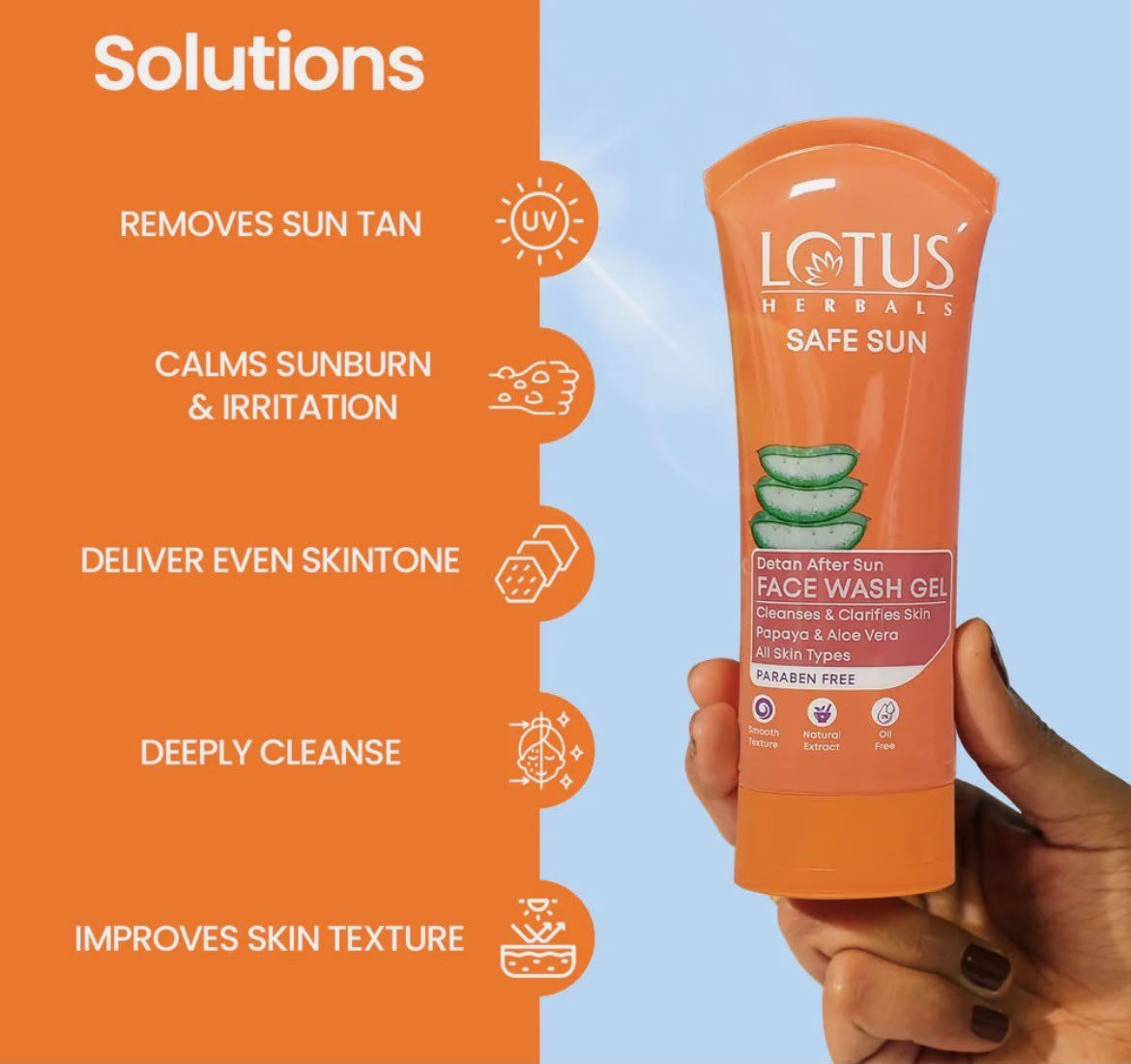 Lotus Herbals Safe Sun DeTAN After-Sun Face Wash Gel With Papaya Aloe Vera 100g thumbnail