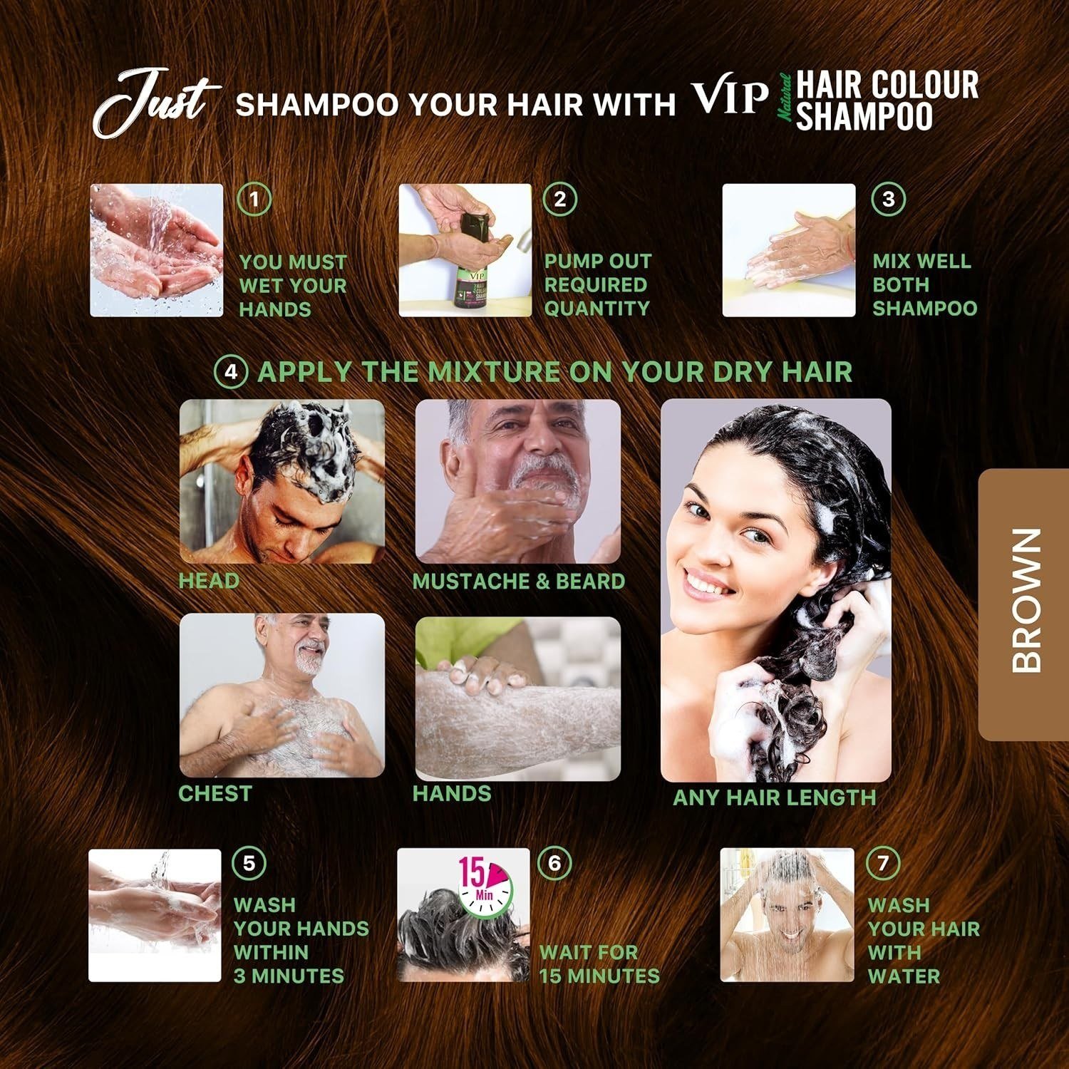 VIP Natural Hair Colour Shampoo For Covers Grey Hair Cleanser & Condition 180ml thumbnail