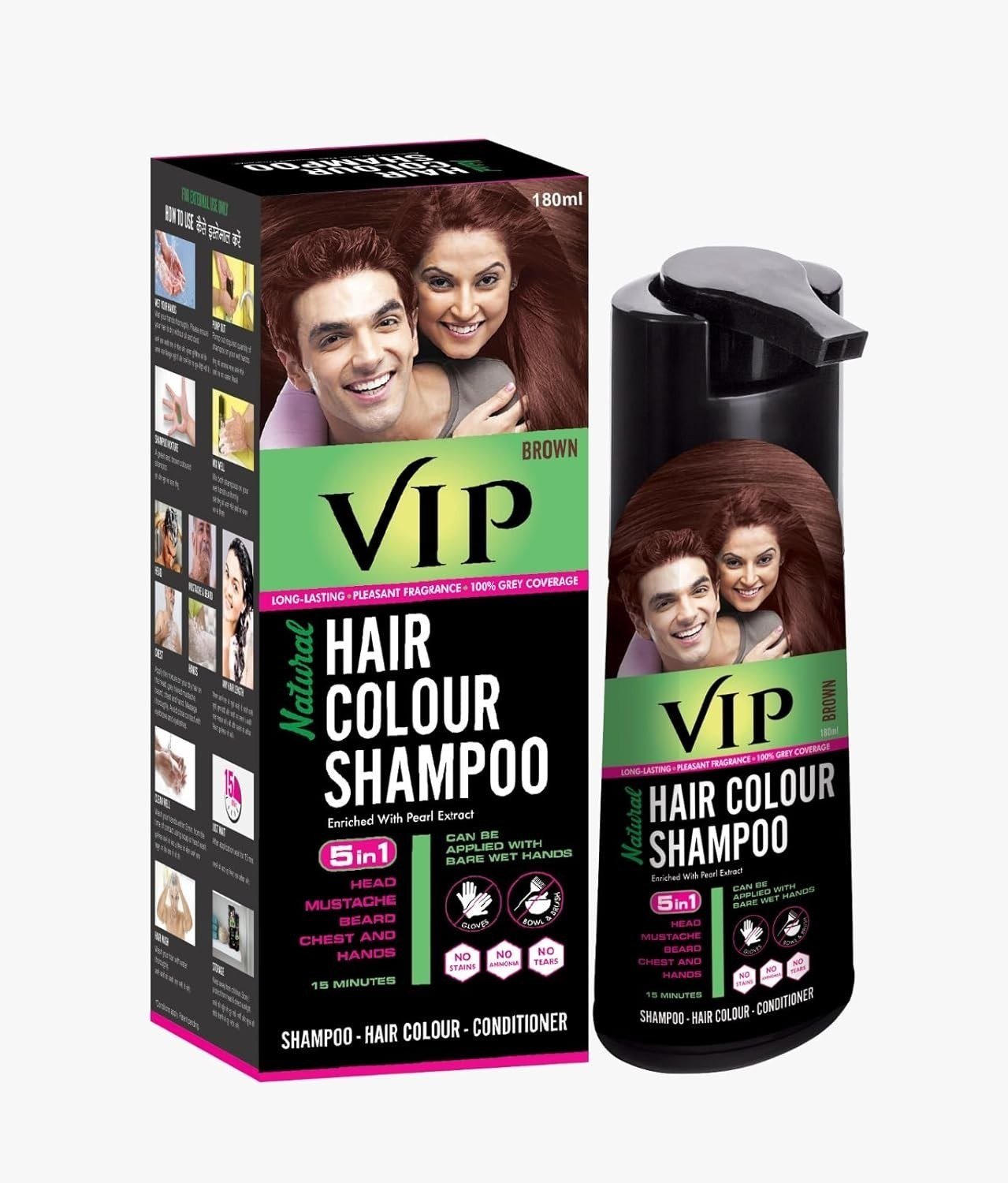 VIP Natural Hair Colour Shampoo For Covers Grey Hair Cleanser & Condition 180ml