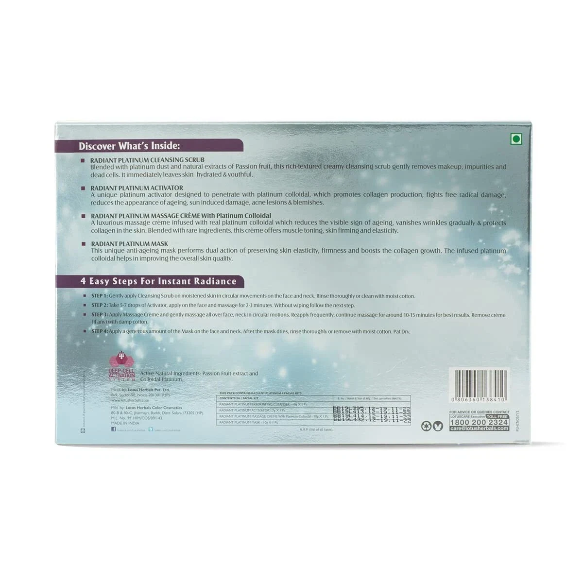 Lotus Herbals Radiant Platinum Cellular Anti-Ageing Facial Kit 4 in 1 Pack 200G thumbnail