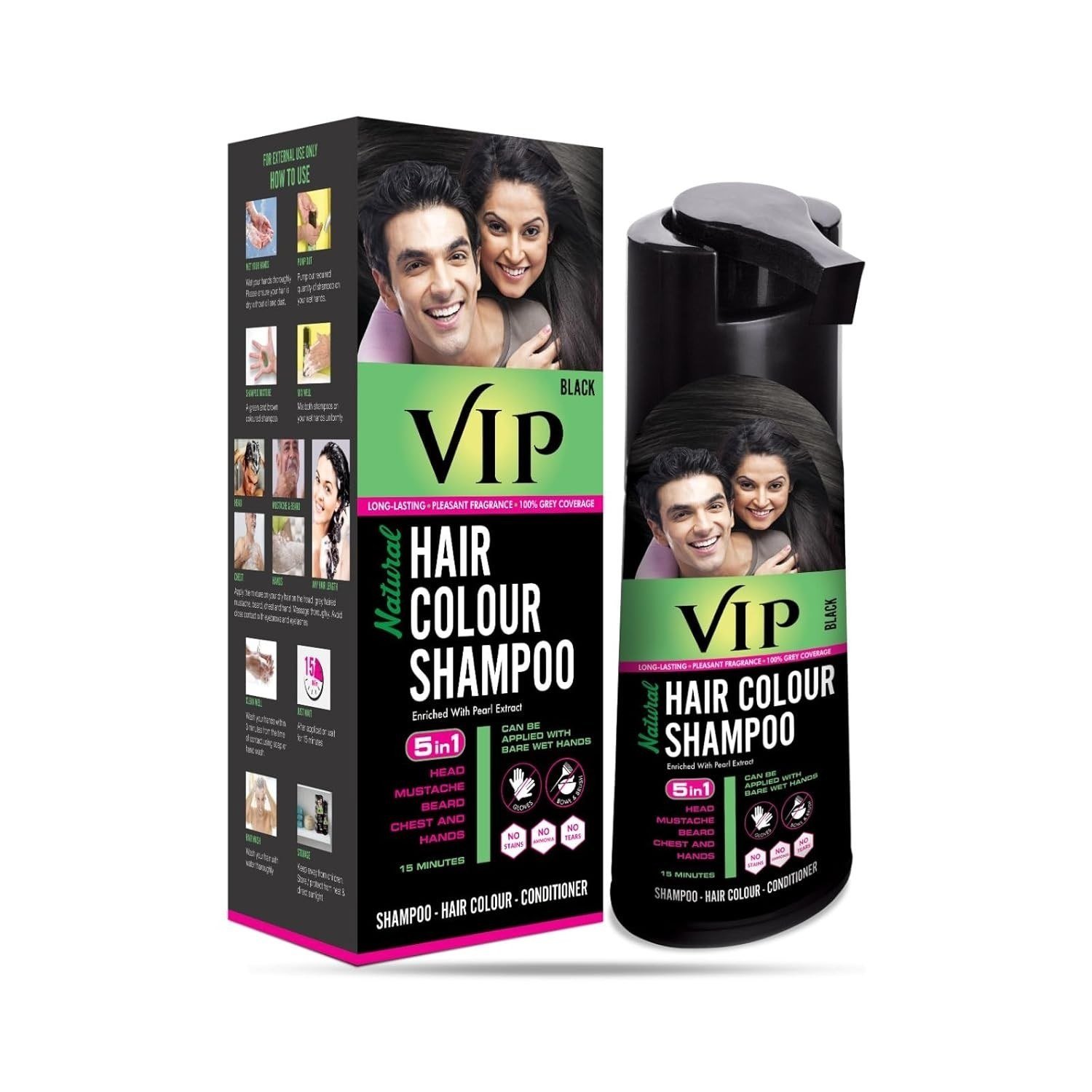VIP Hair Colour Shampoo For Black Hair With 100% Grey Hair Coverage 180ml