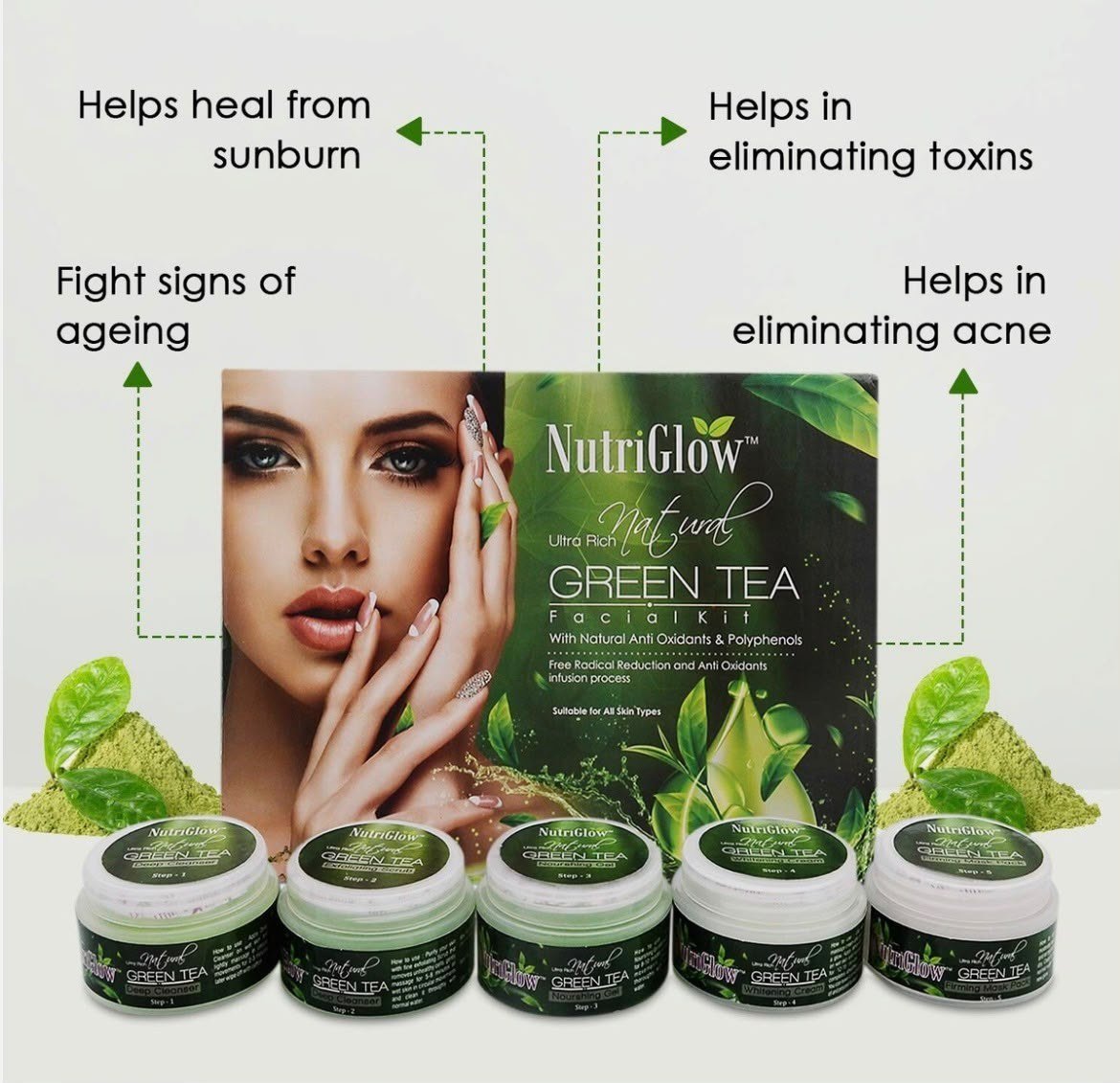NutriGlow Green Tea Facial Kit 5-Pieces Skin Care Set For Deep Cleansing 250gm thumbnail