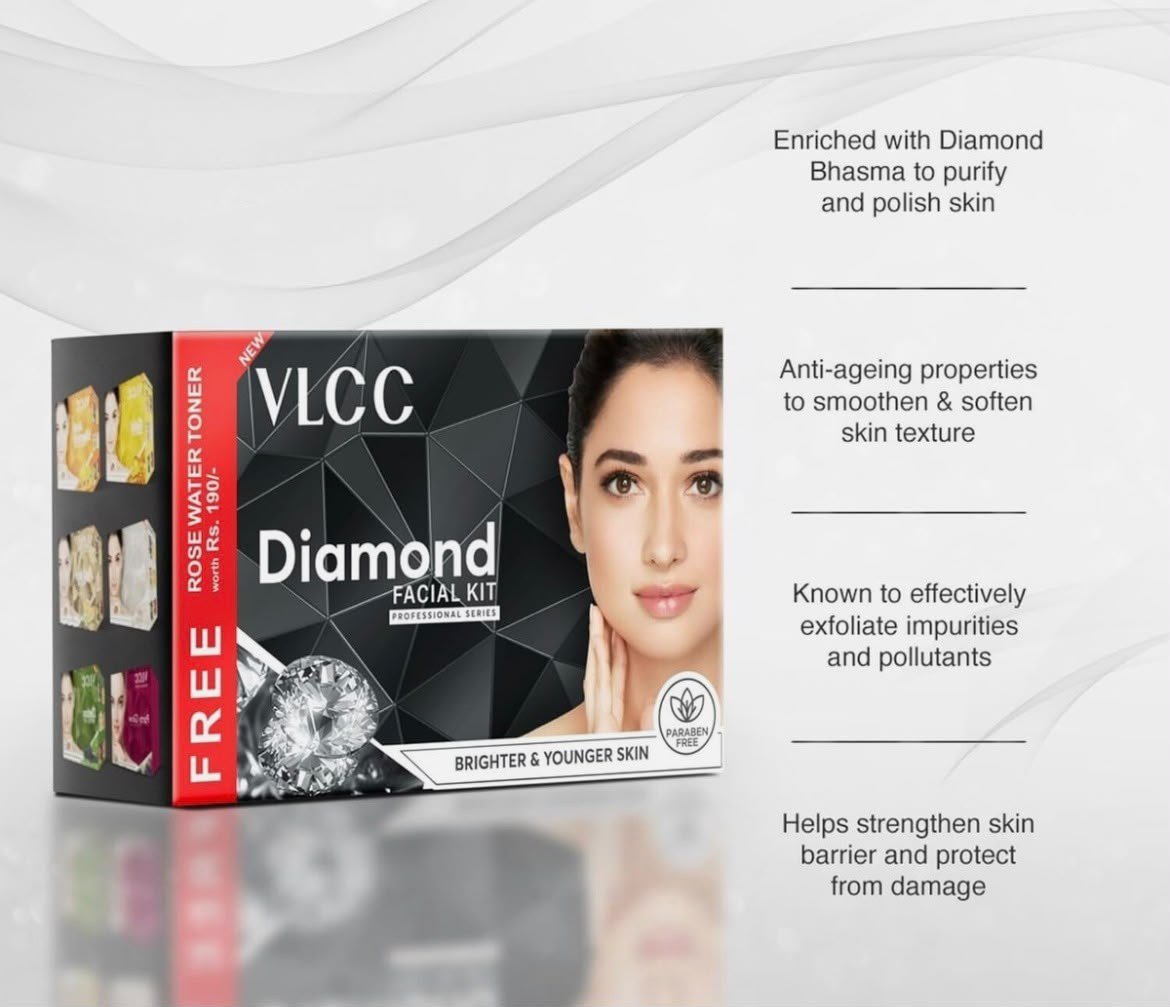 VLCC Diamond Facial Kit + Free Rose Water Toner 300gm ( Salon Series ) thumbnail