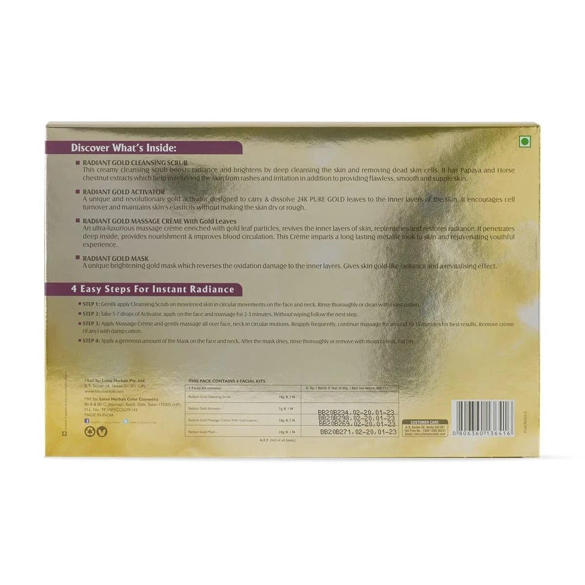 Lotus Herbals Radiant Gold Facial Kit for instant glow with 24K Gold 37gX4 Kits thumbnail
