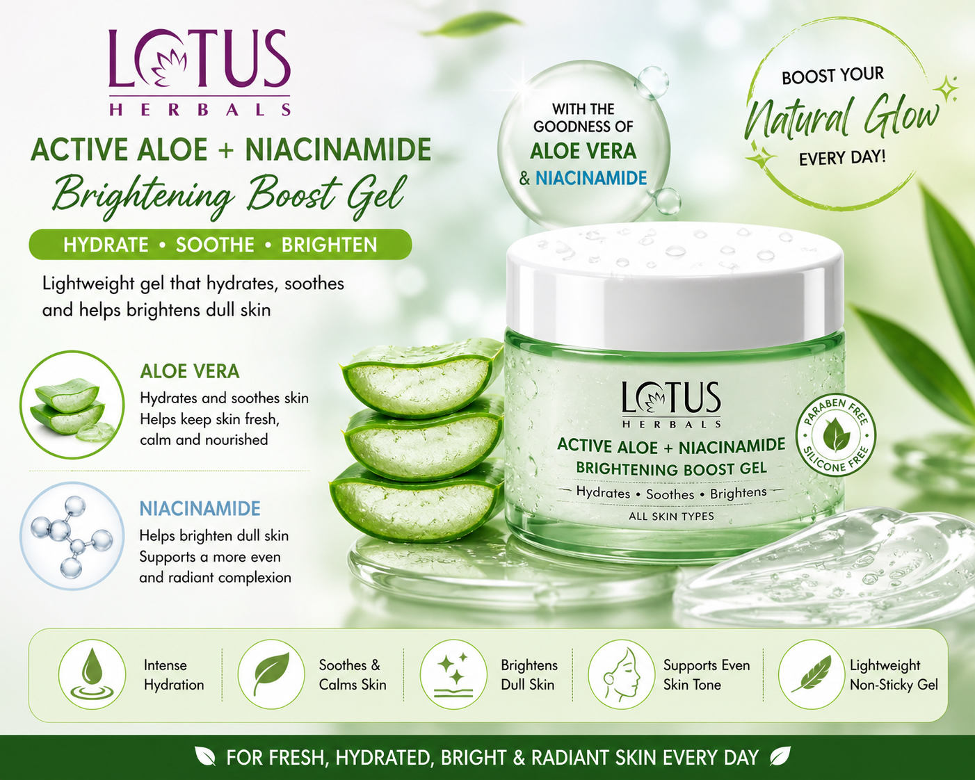 Lotus Herbals Active Aloe + Niacinamide Brightening Boost Gel 50gm thumbnail